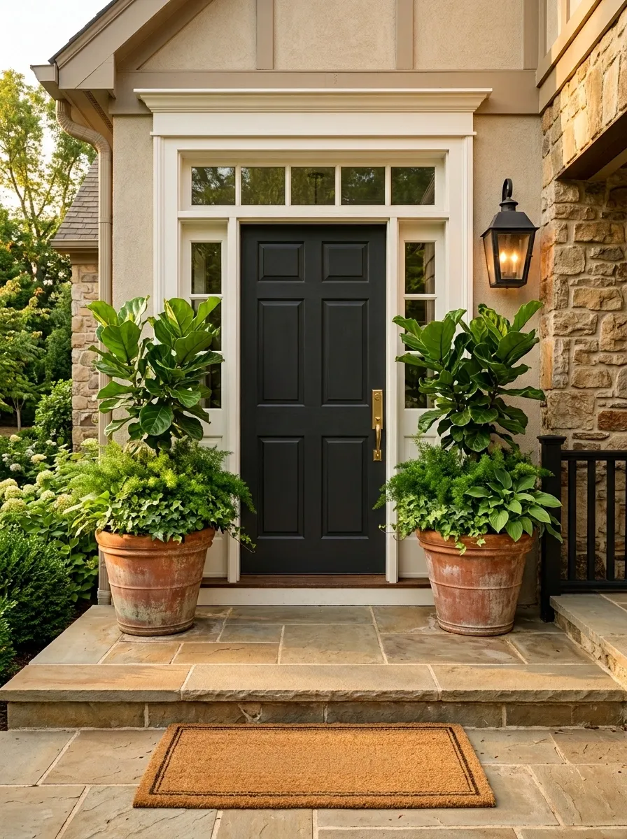 Oversized Terracotta Pots Framing a Classic Front Door