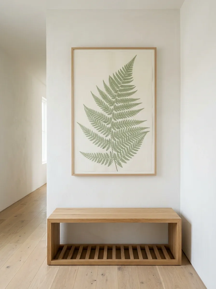 Oversized Vertical Botanical Print With Natural Wood Bench