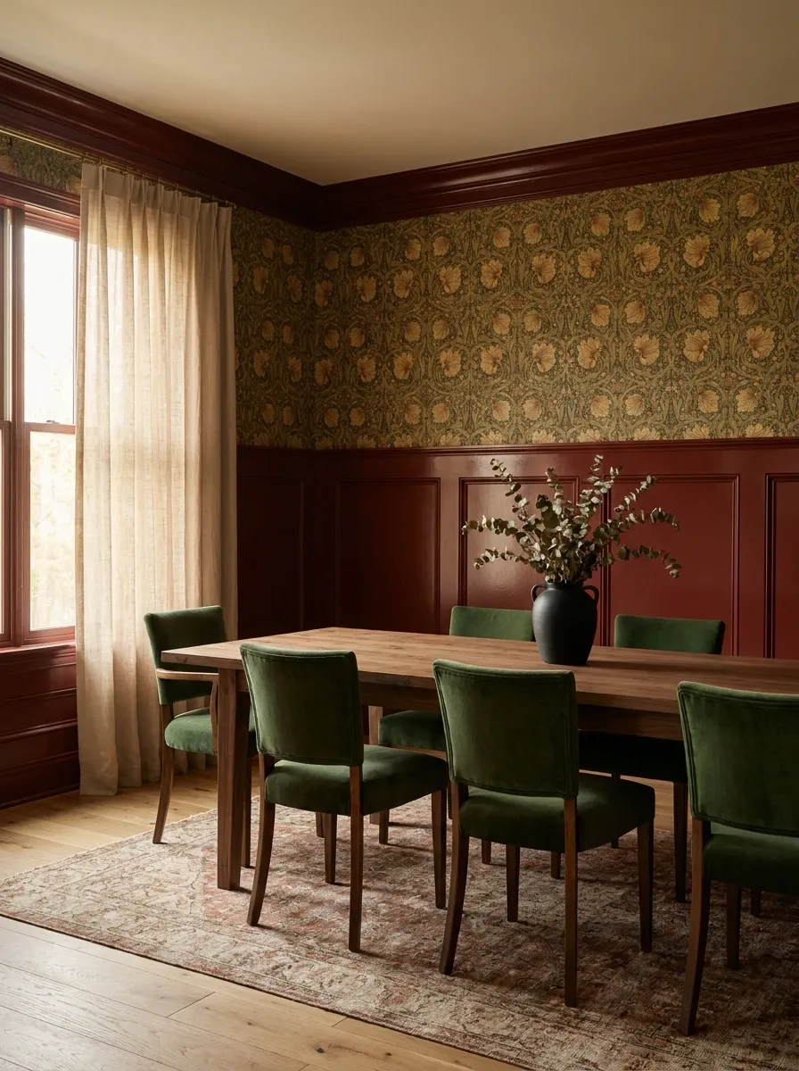 Oxblood Red Wainscoting with William Morris Botanical