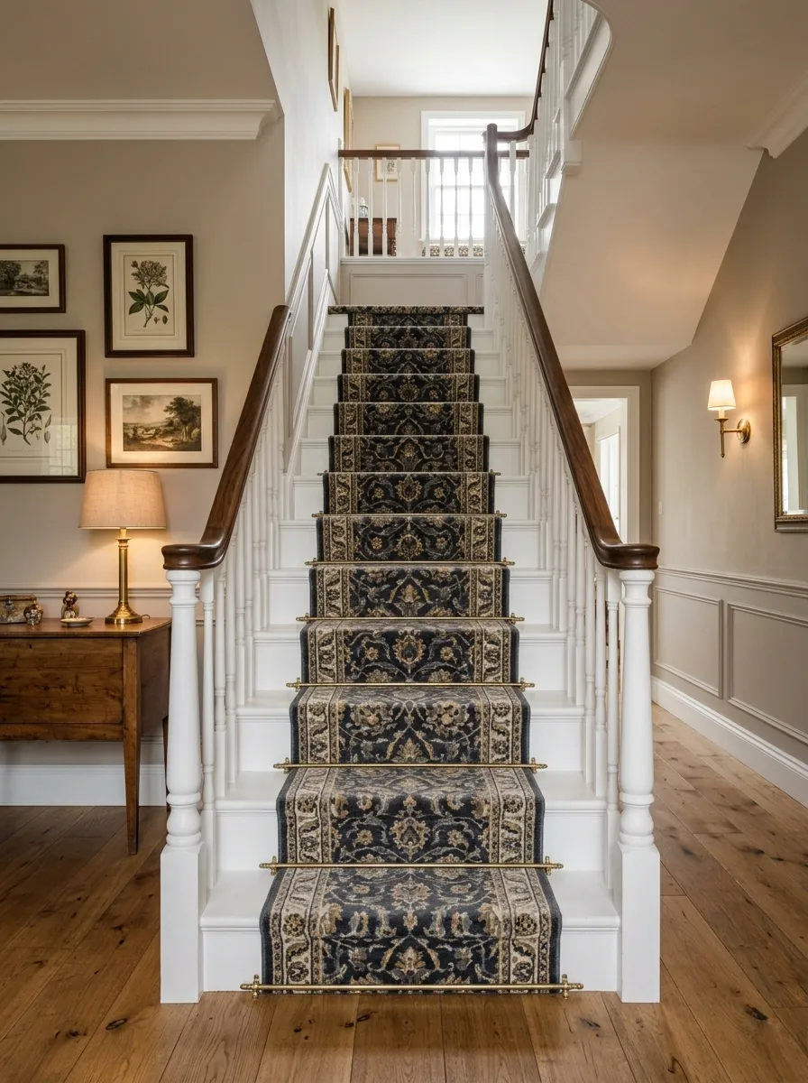 Painted White Staircase With Traditional Dark Runner