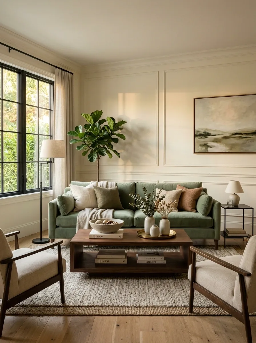 Pair a Sage Sofa With Cream Walls and Dark Wood