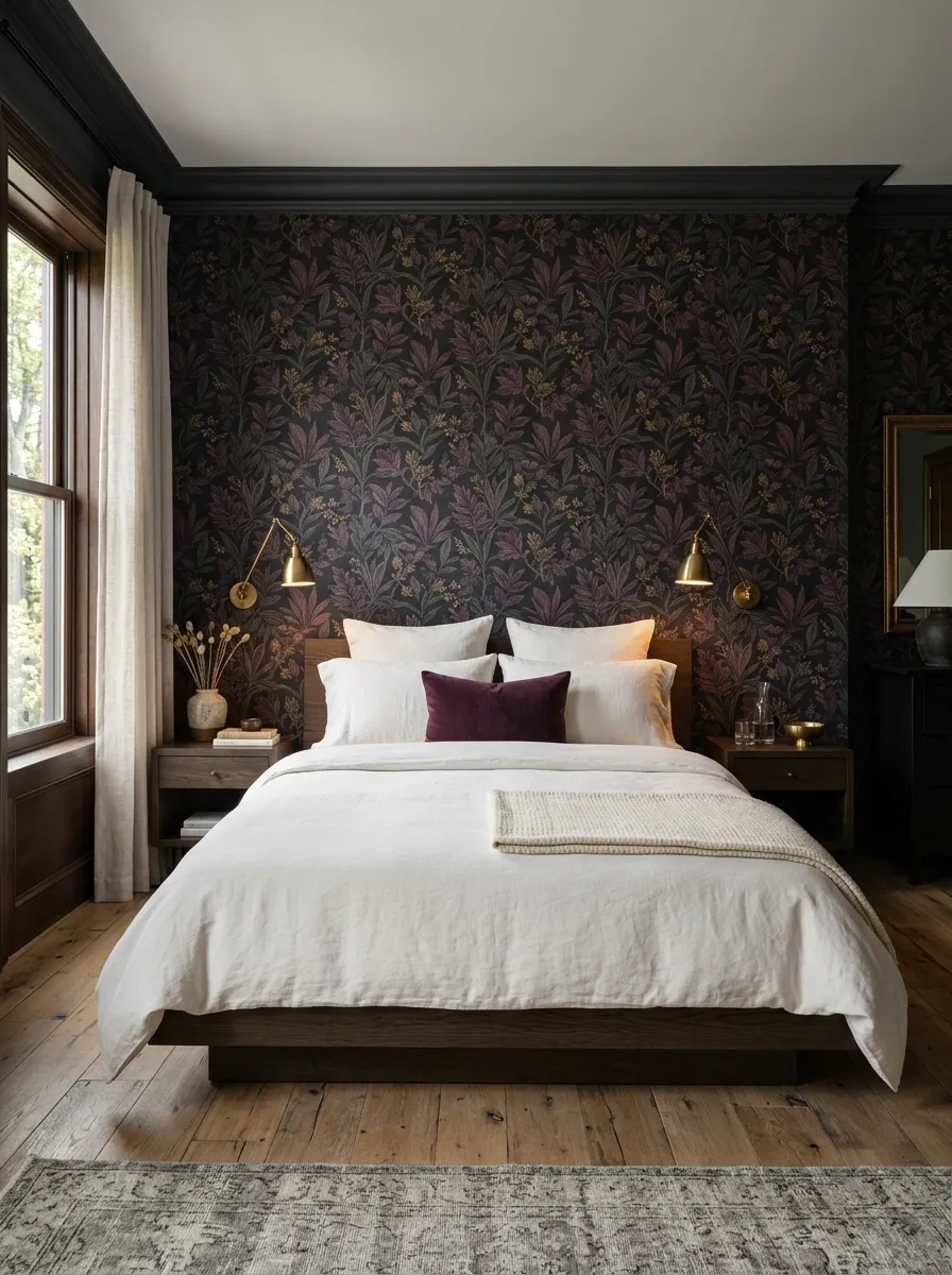 Pair Dark Floral Walls With Crisp White Bedding