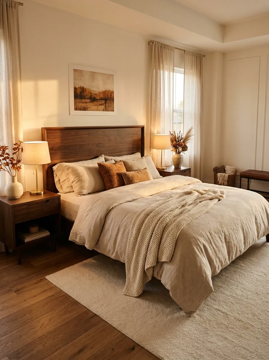 Pair Warm Beige Bedding With Dark Wood