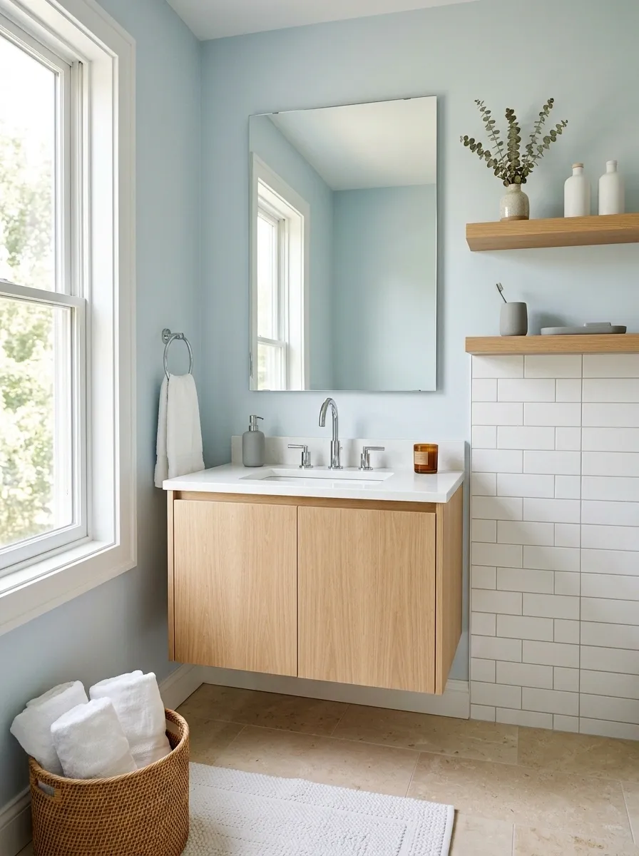 Pale Blue Bathroom With White Tile and Natural Stone