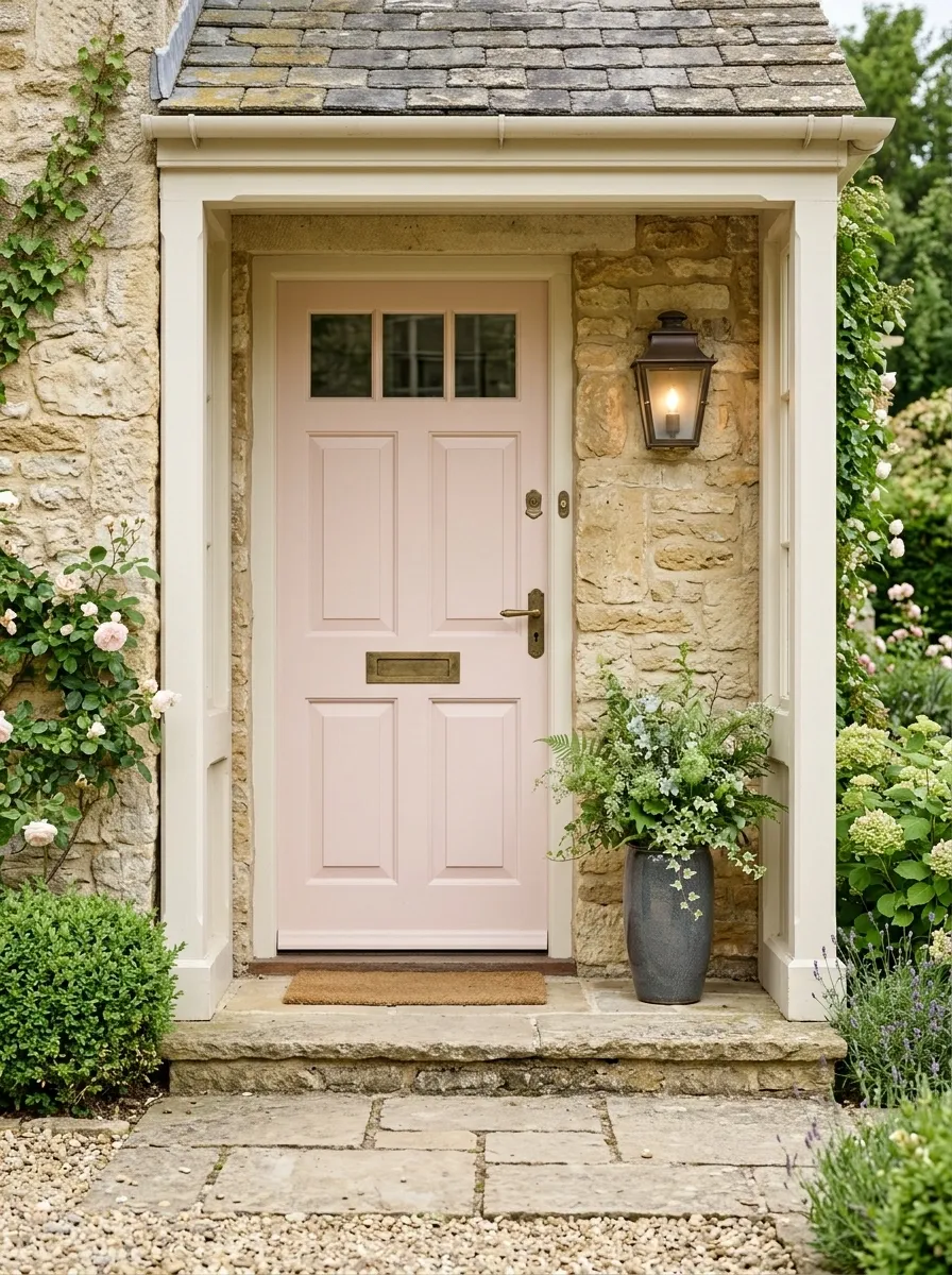 Pale Blush Door With Traditional Stonework