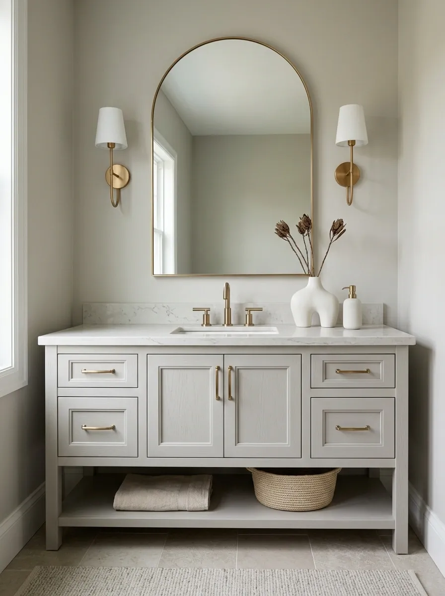 Pale Gray Vanity With Sculptural Ceramics