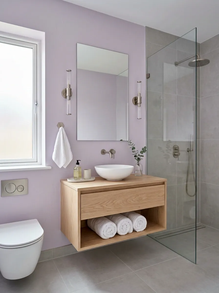 Pale Lavender Bathroom With Soft Gray and Brushed Nickel
