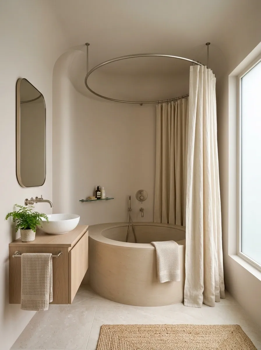 Pale Mushroom Bathroom With Rounded Tub Curtain Setup