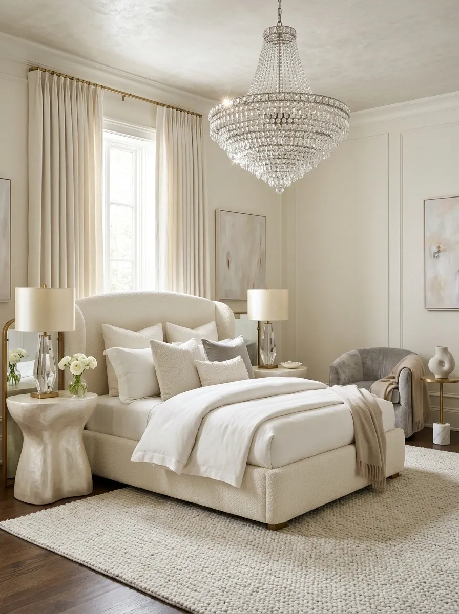 Pearl White Bedroom With Crystal Lighting and Sculptural Furniture