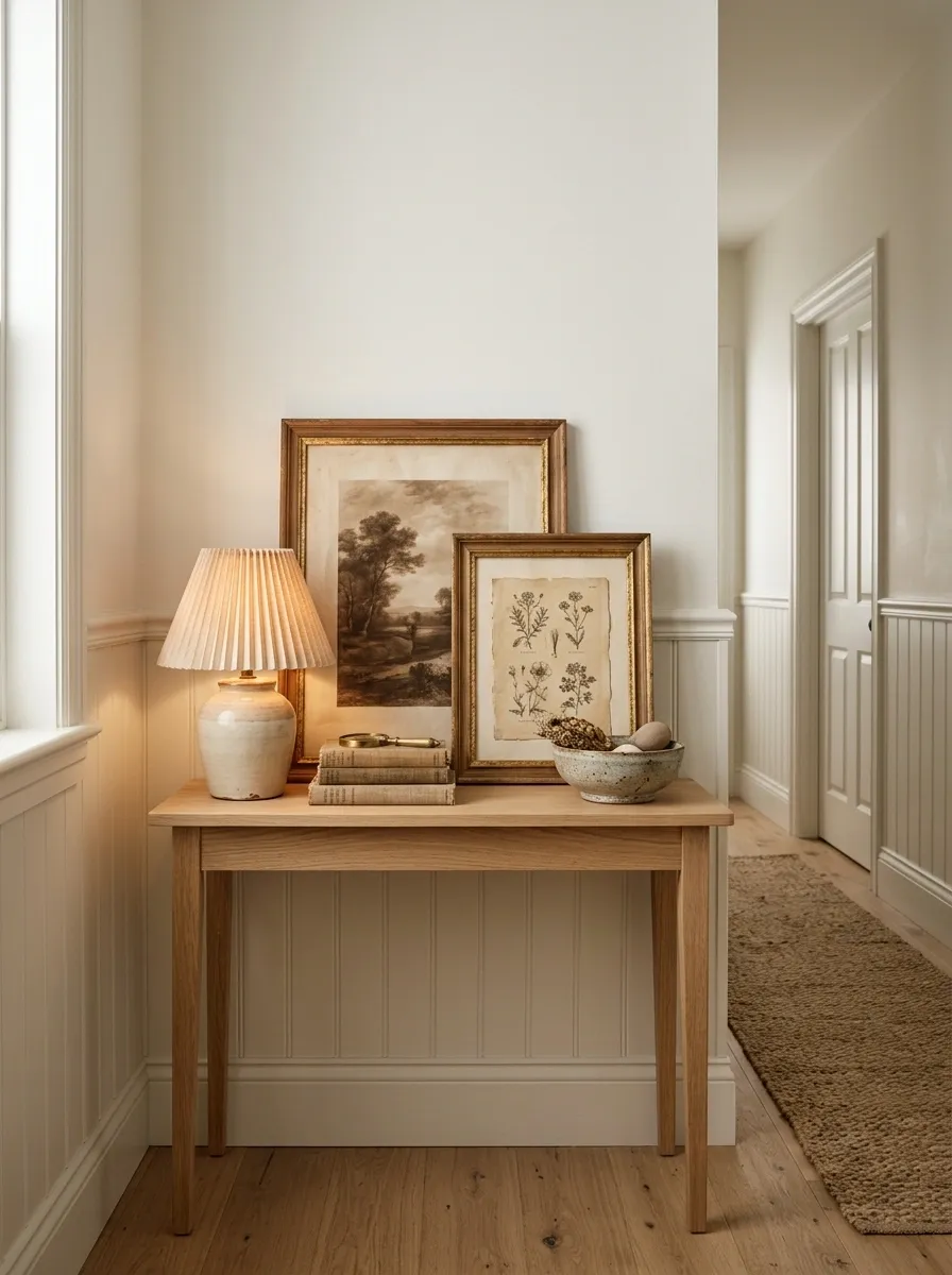 Petite Console With Layered Vintage Artwork