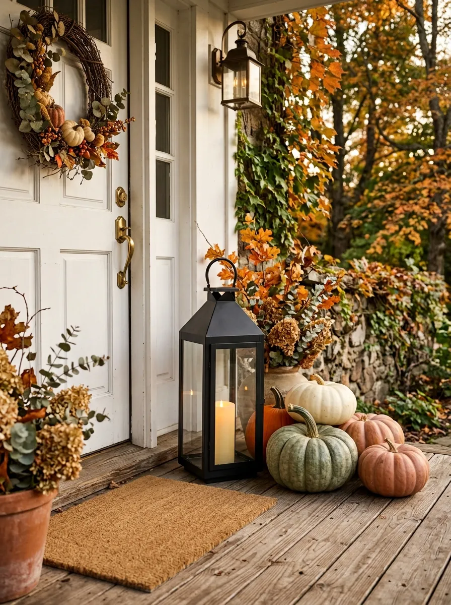 Place a Tall Lantern Beside a Pumpkin Cluster