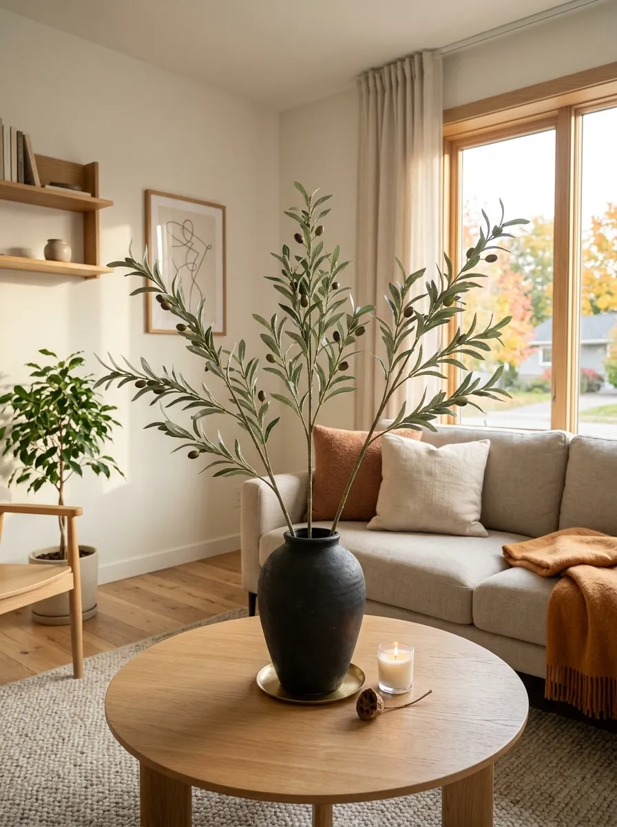 Place Faux Olive Branches in Matte Black Clay Vases