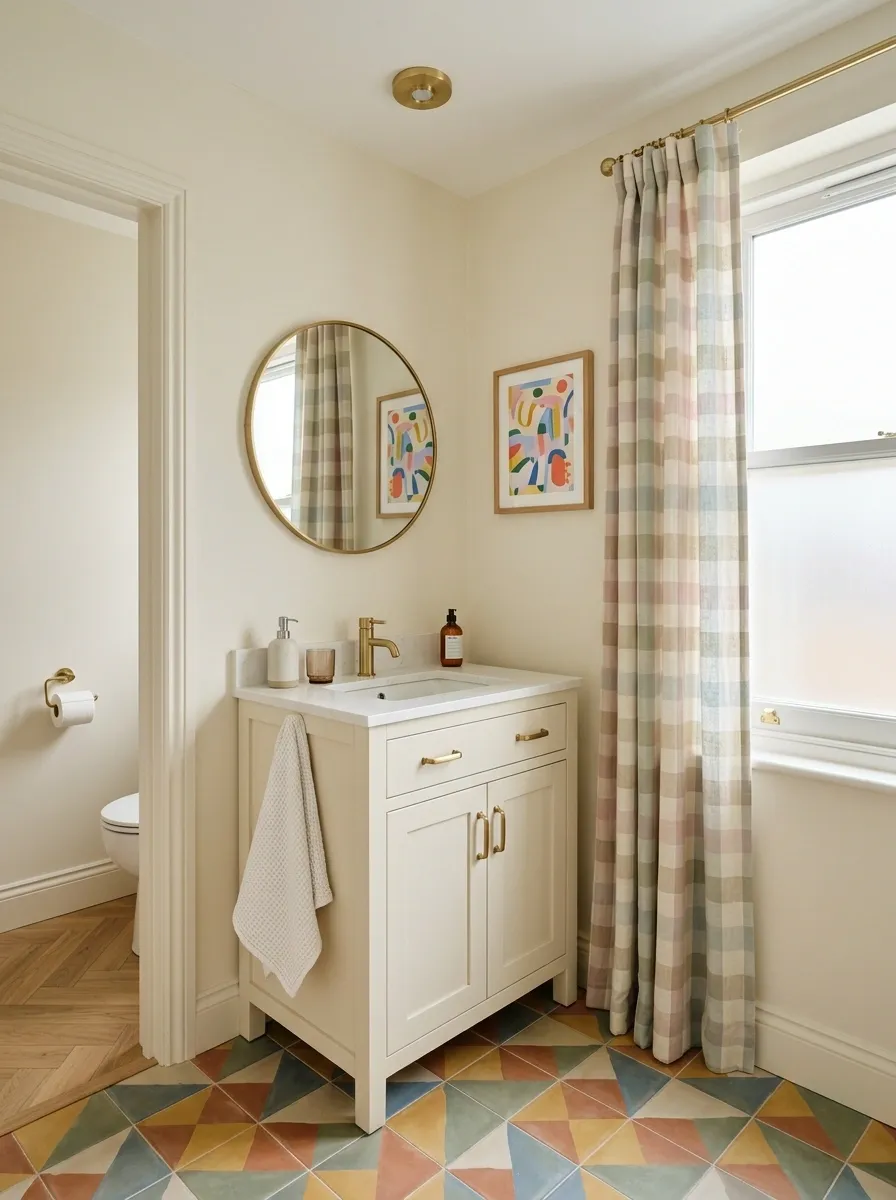 Playful Small Bathroom With Muted Check Curtain and Colorful Tile