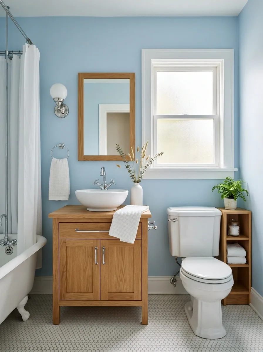 Powder Blue Bathroom With Vintage-Inspired White Fixtures