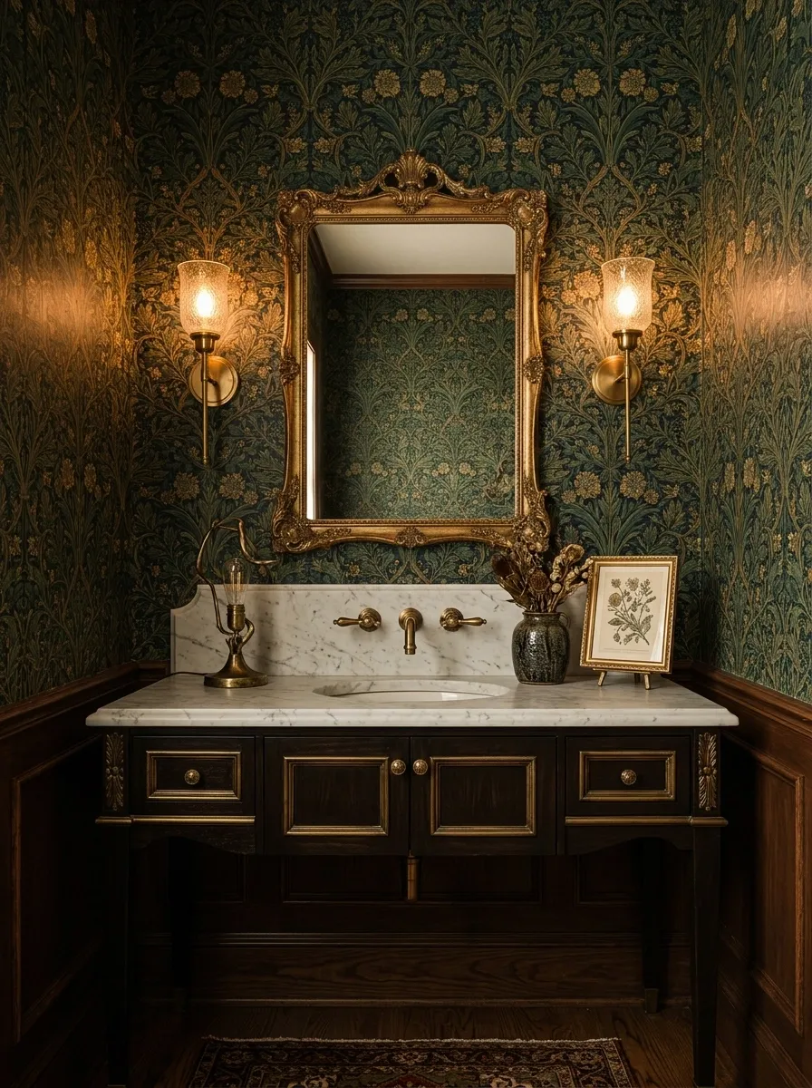 Powder Room With Patterned Wallpaper and Antique Mirror