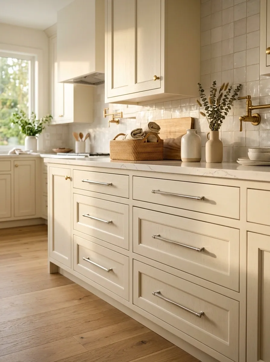 Put Chrome Hardware Against Cream or Off-White Cabinets