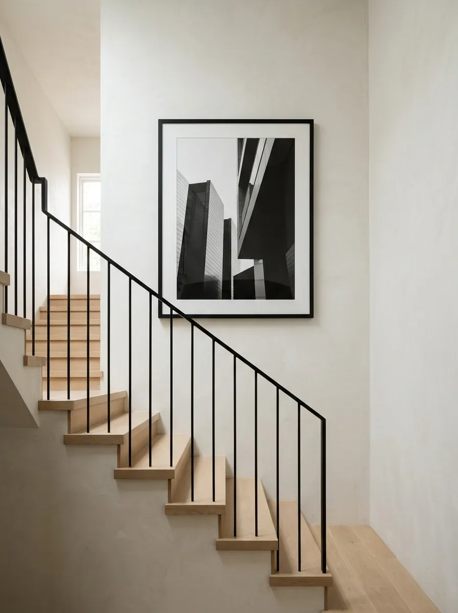 Quiet Minimal Staircase With One Oversized Photograph