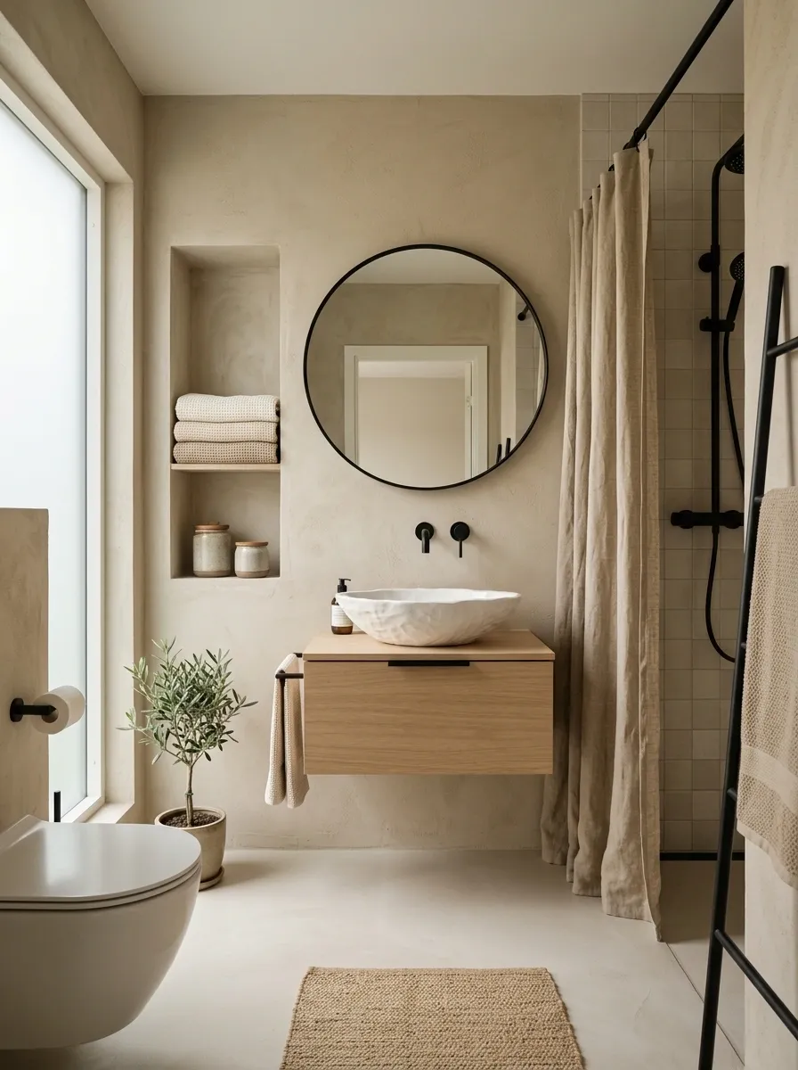 Quiet Neutral Bathroom With Sand Curtain and Sculptural Fixtures