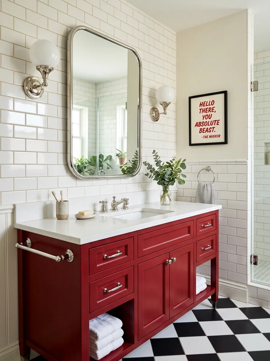 Red-and-Cream Bathroom With Diner Humor