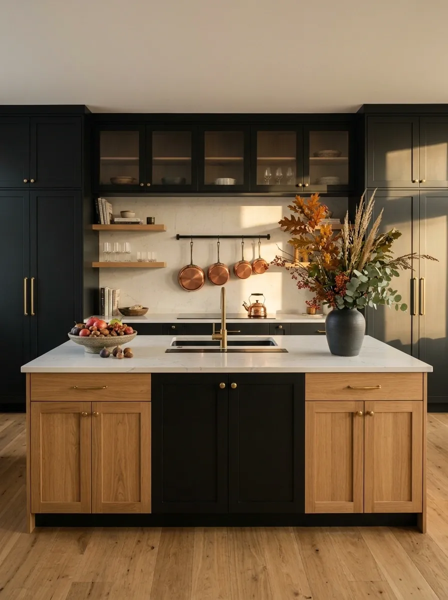 Refined Black-and-Wood Kitchen With Copper Autumn Details