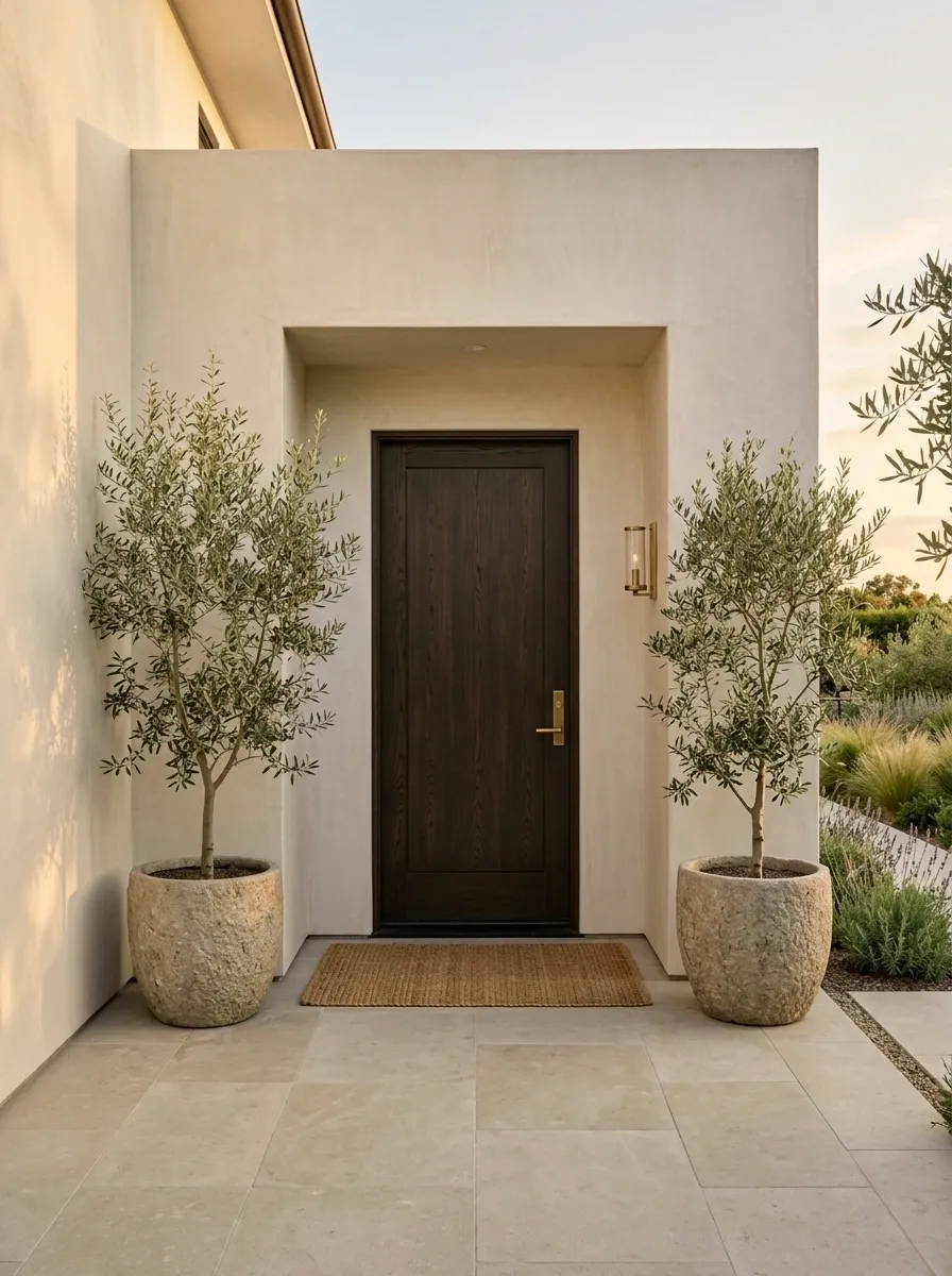 Refined Entry With Sculptural Olive Pots and Quiet Styling