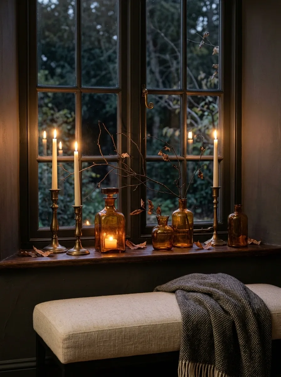 Refined Evening Window With Candlelight and Amber Glass