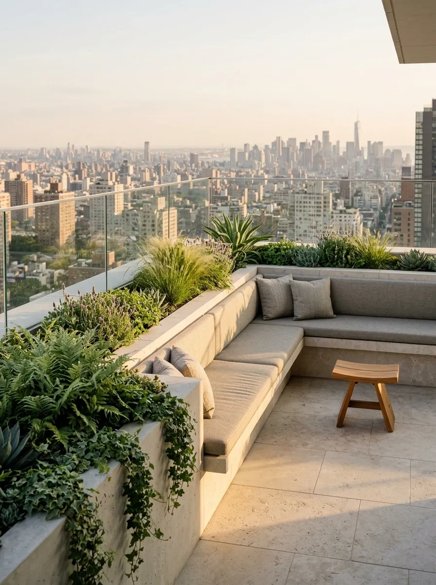 Refined Rooftop Retreat With Stone Seating and Integrated Planters