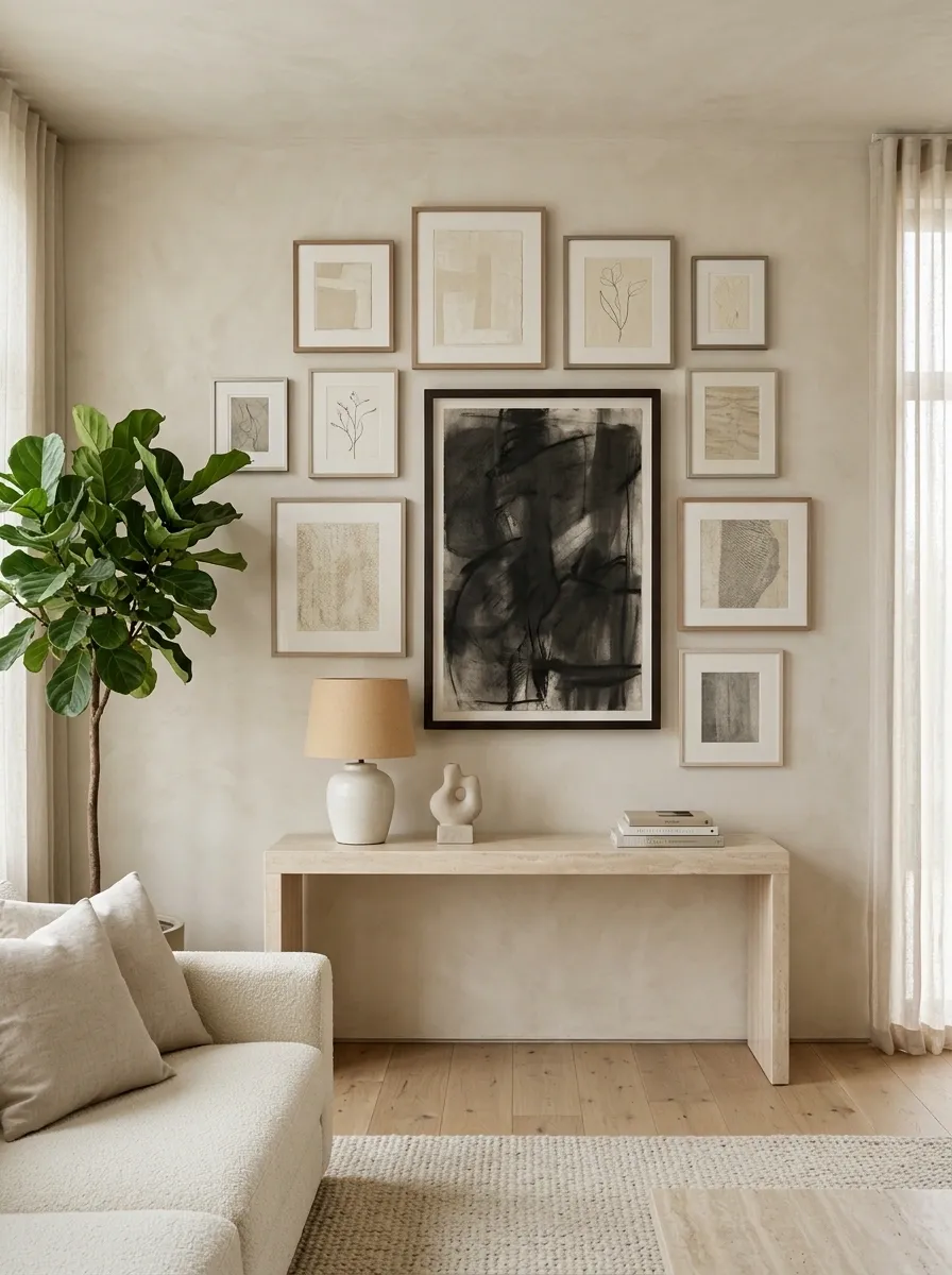 Refined Tonal Gallery Wall With One Dramatic Artwork
