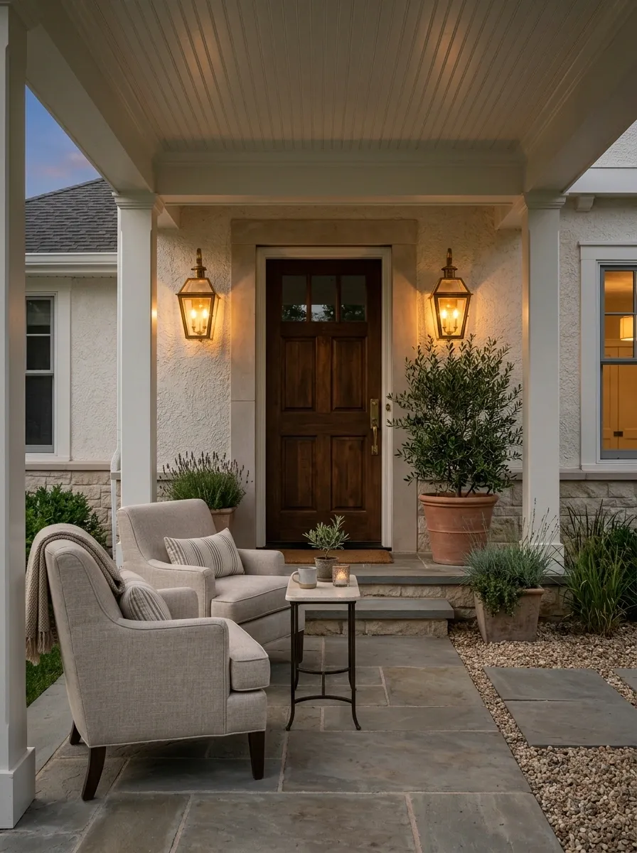 Refined Transitional Porch With Paired Chairs and Lantern Glow