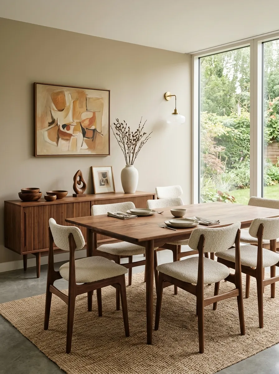 Repeat One Wood Tone Across the Table, Credenza, and Accessories
