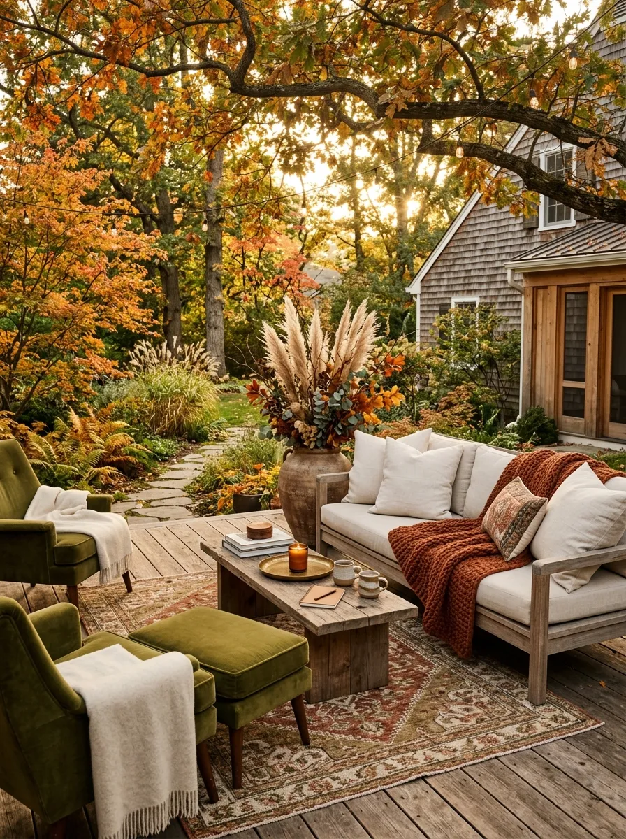 Repeat Rust, Cream, Olive, and Wood Across the Seating Area