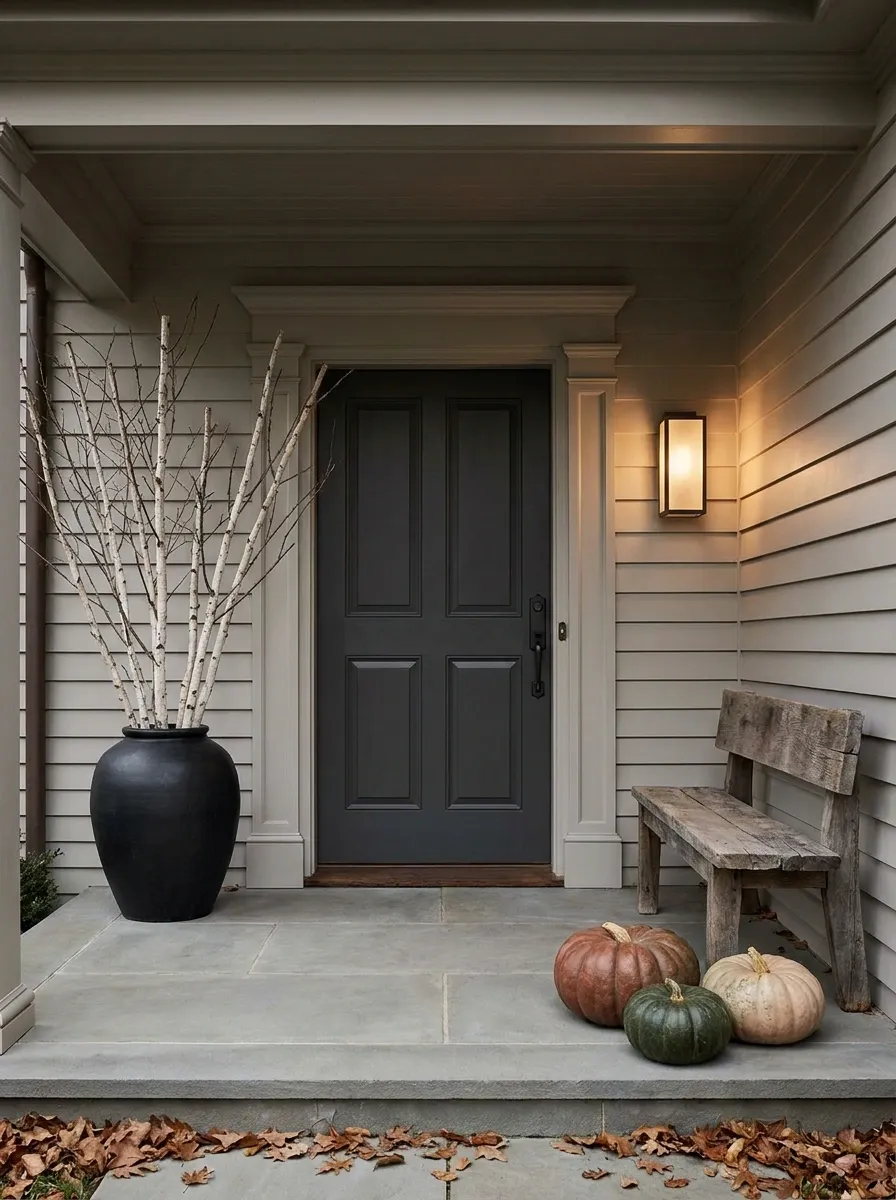 Restrained Late-Fall Entry With Bare Branches and Fewer Pumpkins