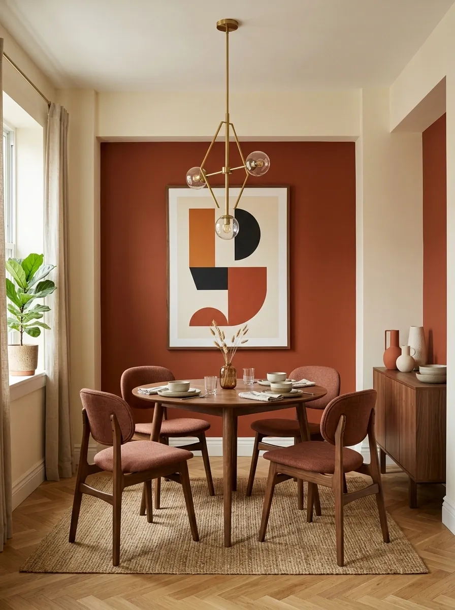 Retro-Inspired Small Dining Room With Sculptural Lighting