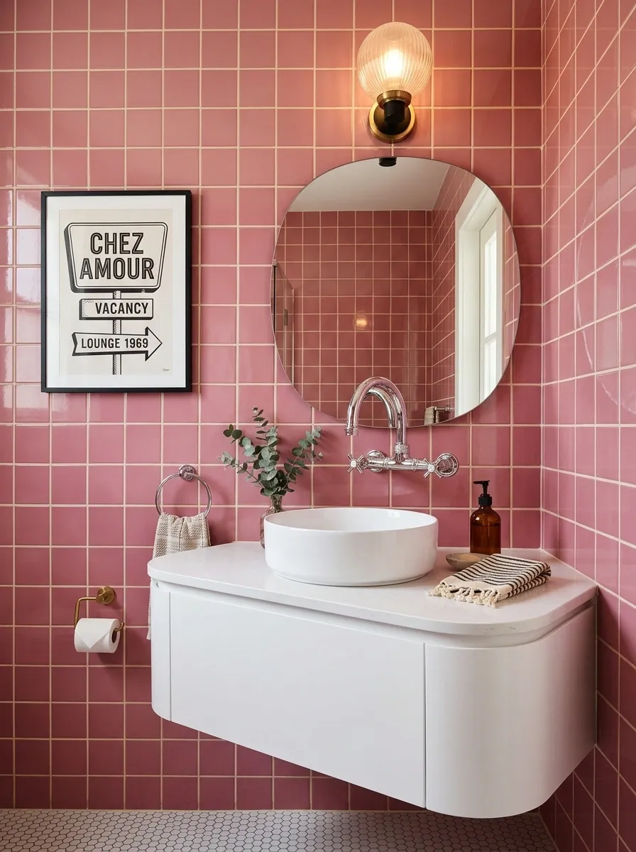 Retro Pink Powder Room With Playful Motel Graphics