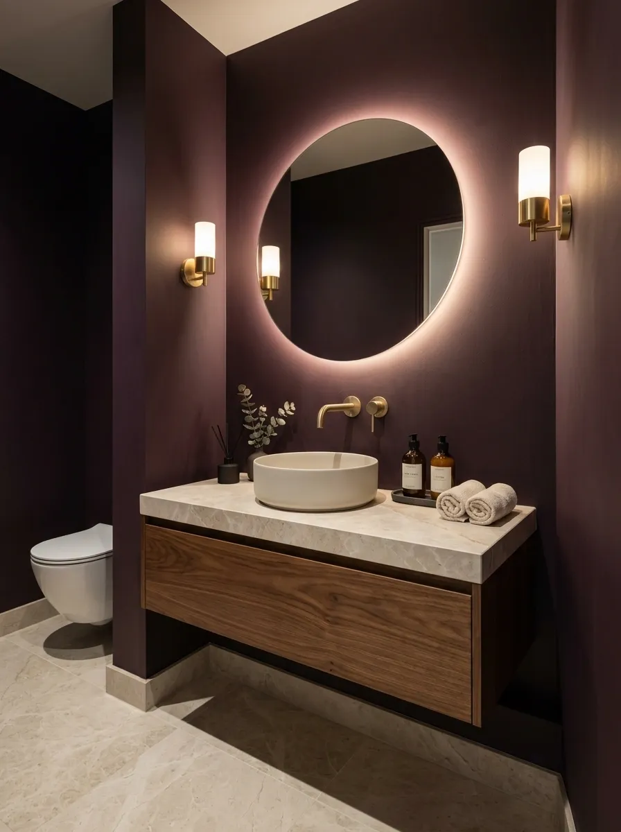 Rich Plum Bathroom With Pale Stone and Warm Lighting