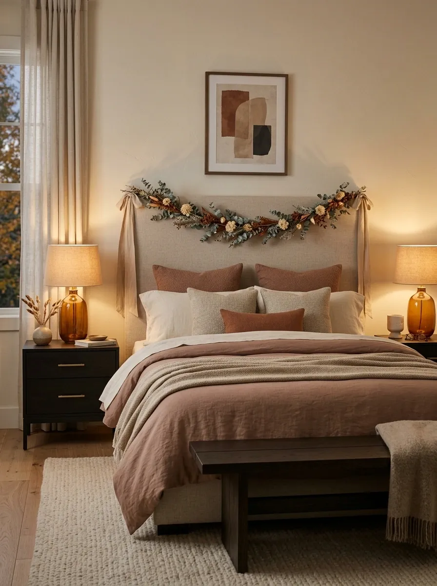 Romantic Bedroom With Headboard Garland and Candlelight