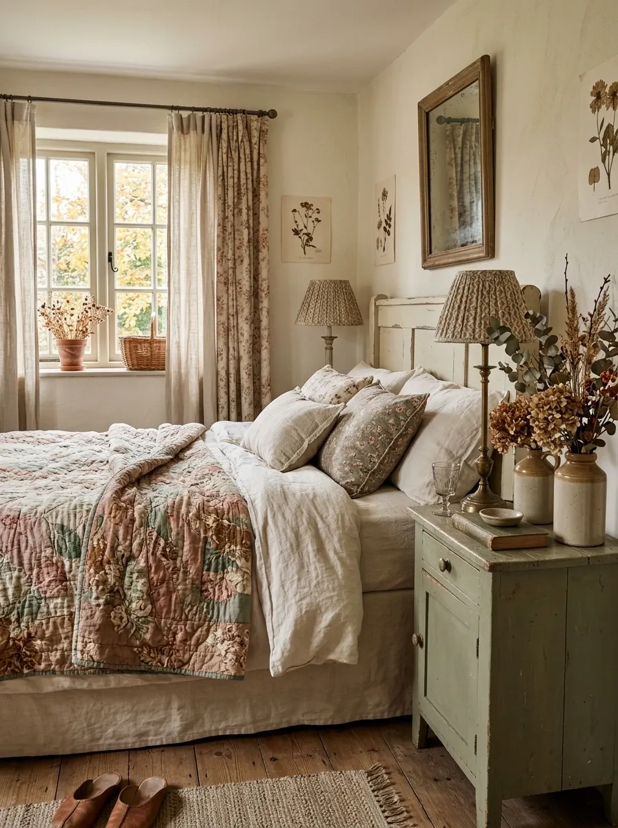 Romantic Cottage Bedroom With Faded Florals and Autumn Botanicals