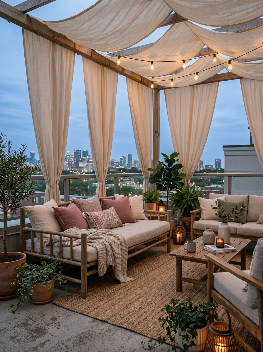 Romantic Rooftop Retreat With Draped Shade and Soft Lighting