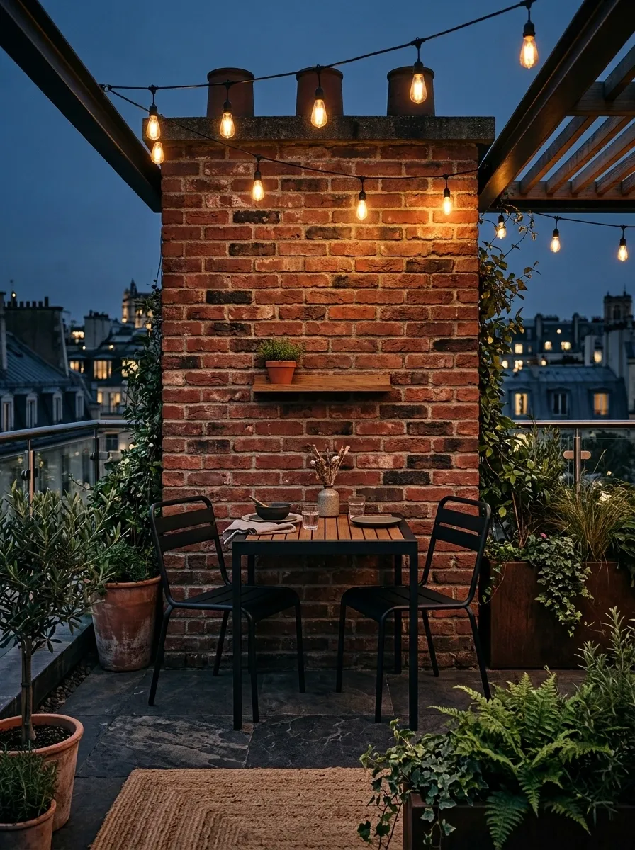 Rooftop Bistro With Brick, Black Metal, and Warm Lighting