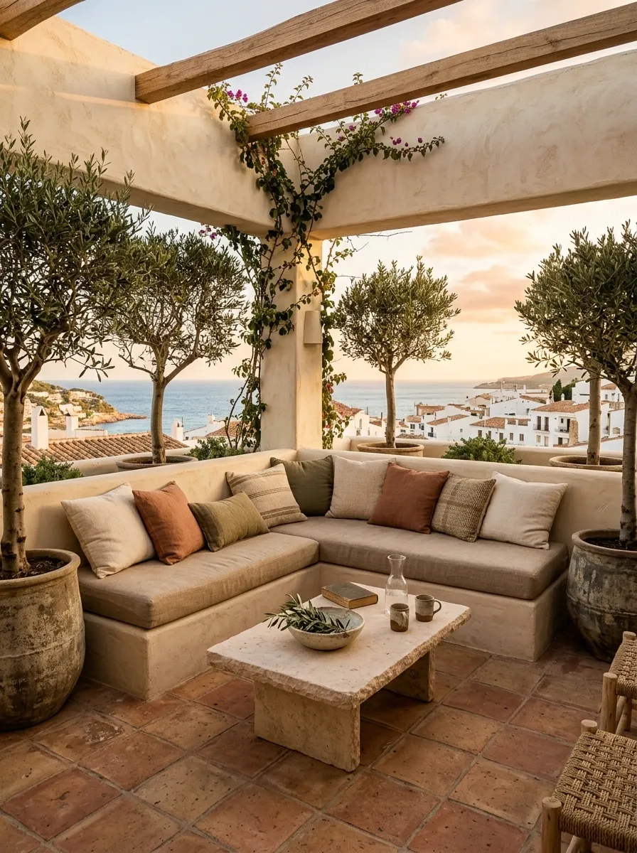 Rooftop Mediterranean Lounge With Terracotta, Limewash, and Olive Green