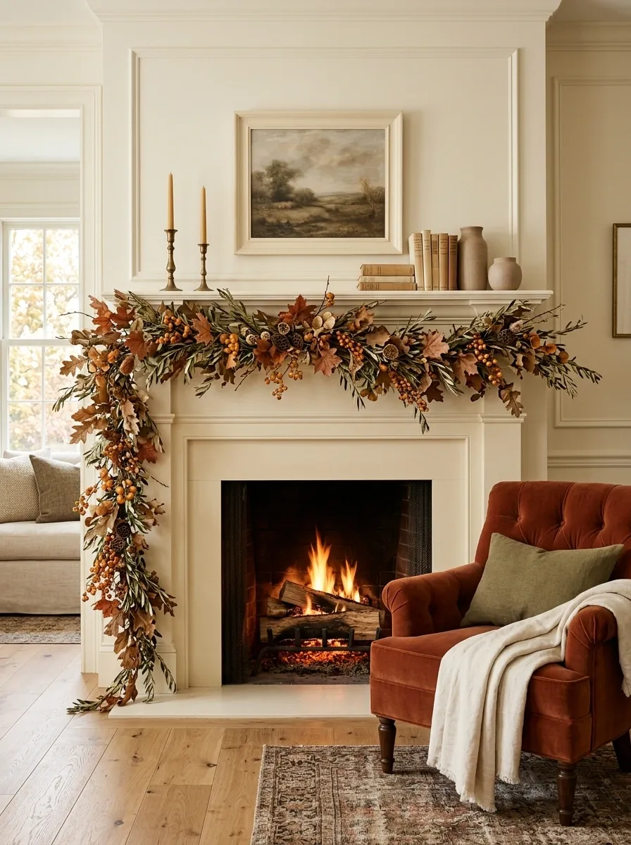 Rust Velvet Mantel With Olive Foliage