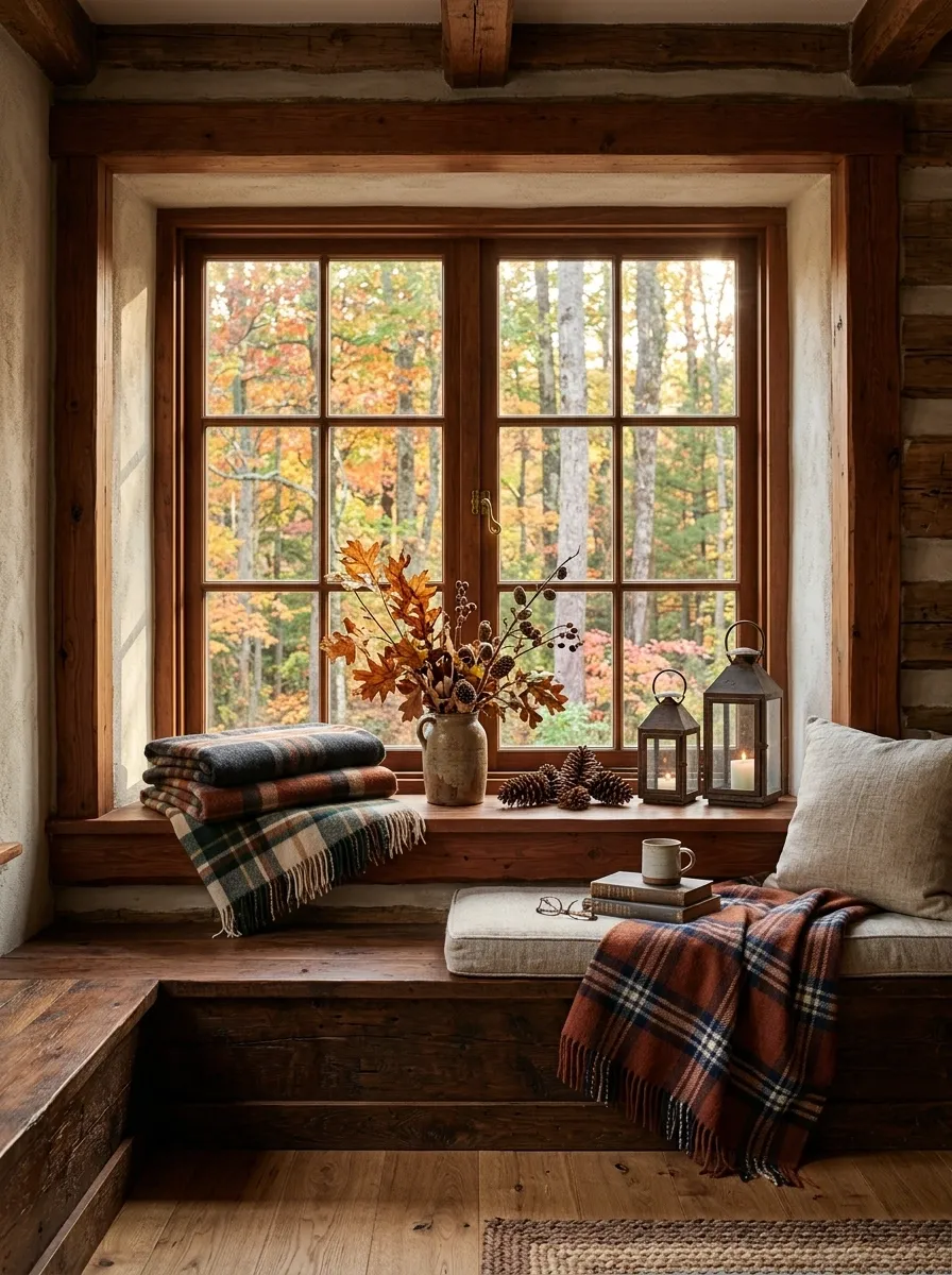 Rustic Cabin Window With Plaid and Pinecones
