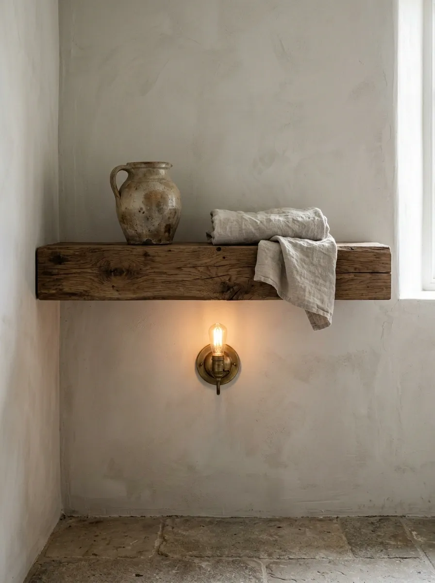 Rustic European Bathroom With Reclaimed Wood Shelf