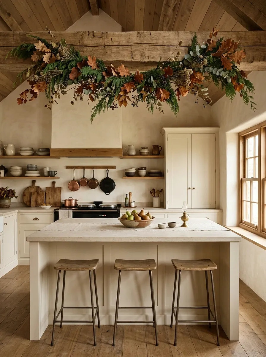 Rustic Kitchen Island With Overhead Garland Moment