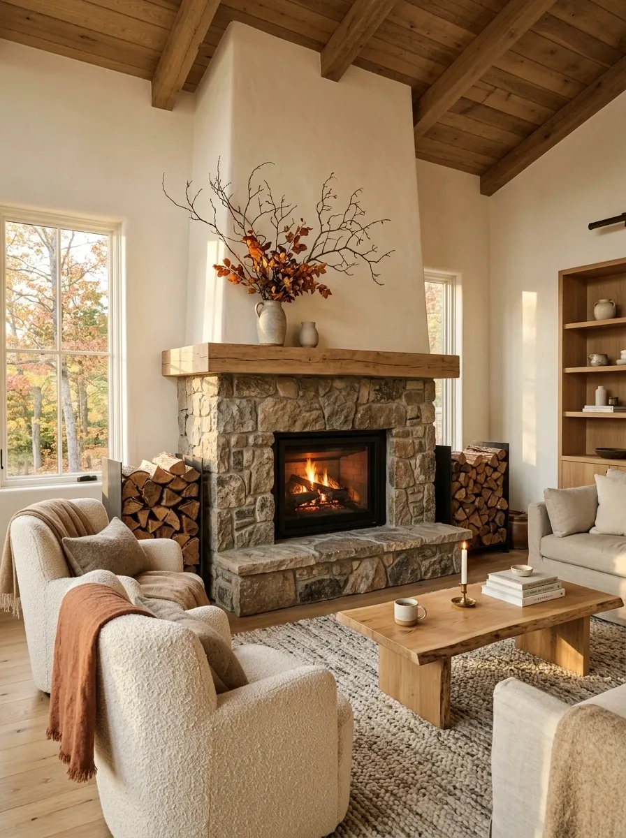 Rustic Modern Fireplace Room With Layered Natural Textures