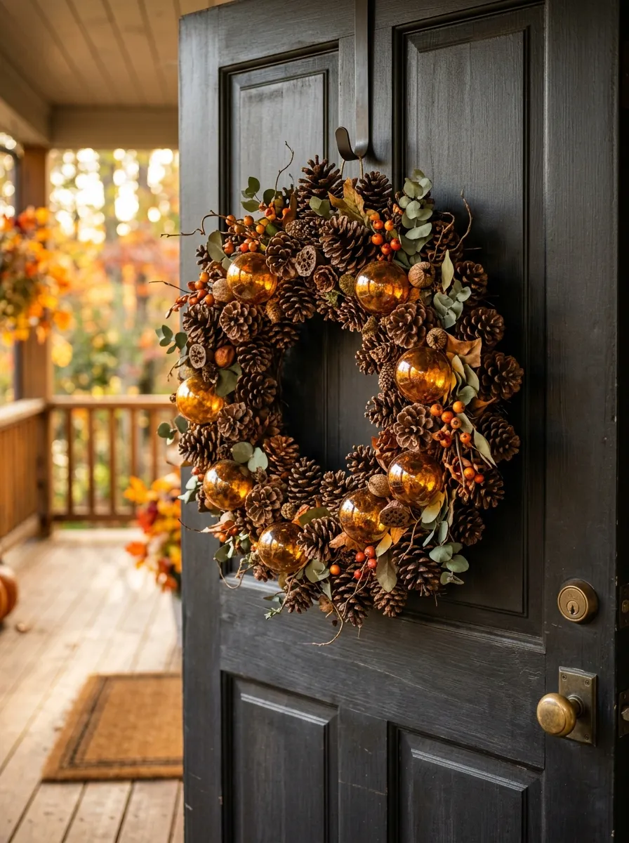 Rustic Pinecone & Faux Amber Glass Bauble Rings