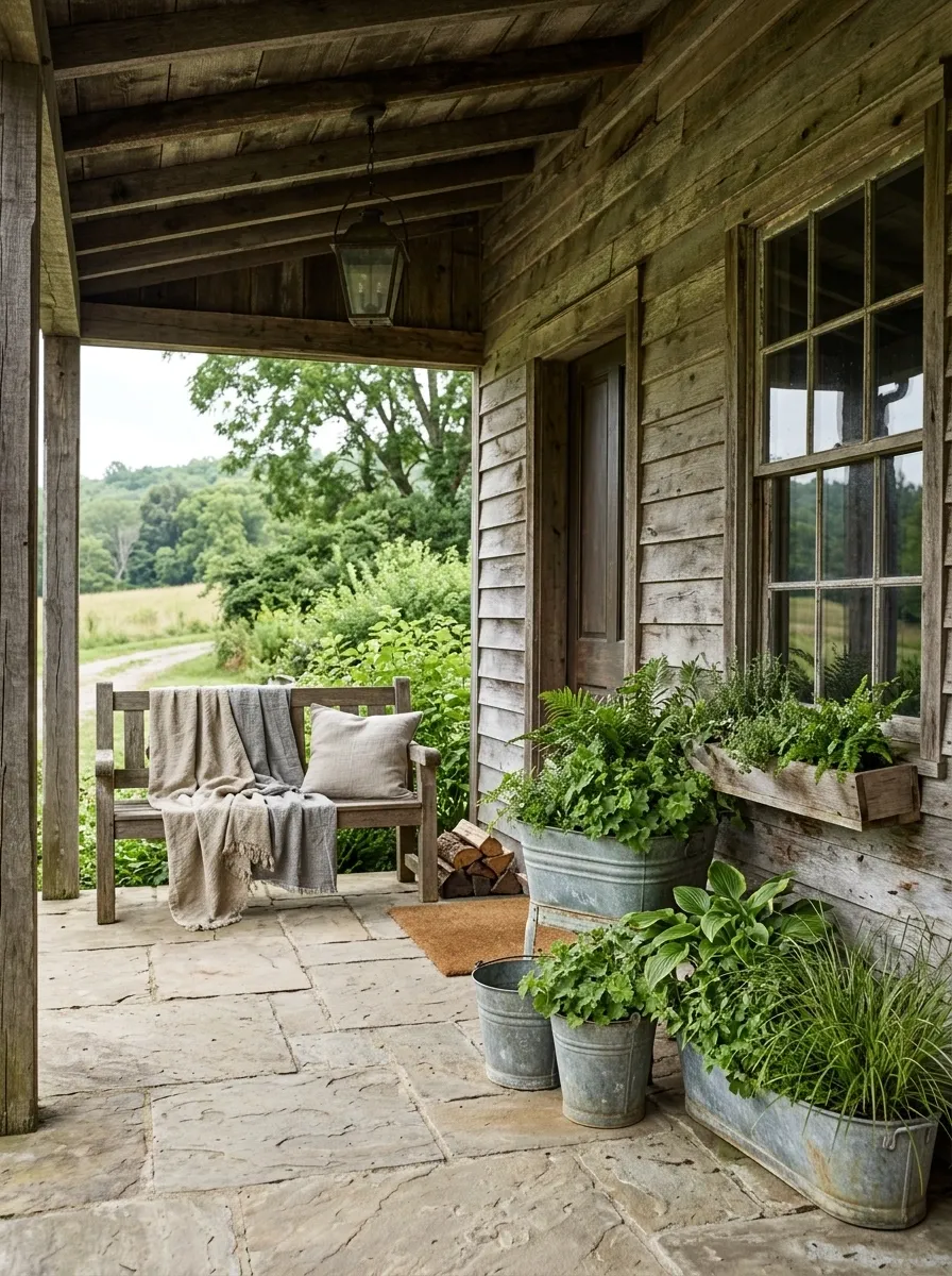 Rustic Porch With Galvanized Metal Planters