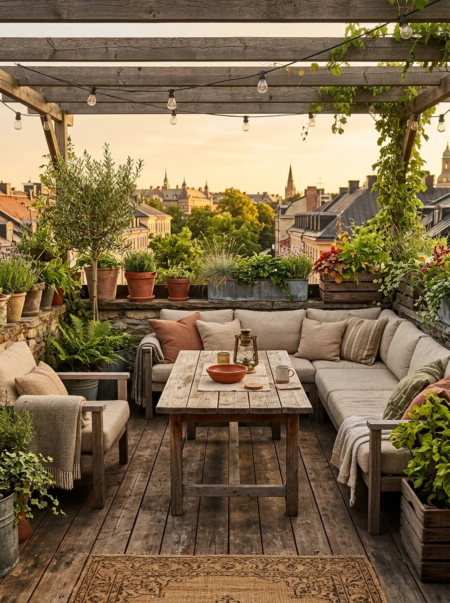 Rustic Rooftop With Weathered Wood and Soft Linen Tones