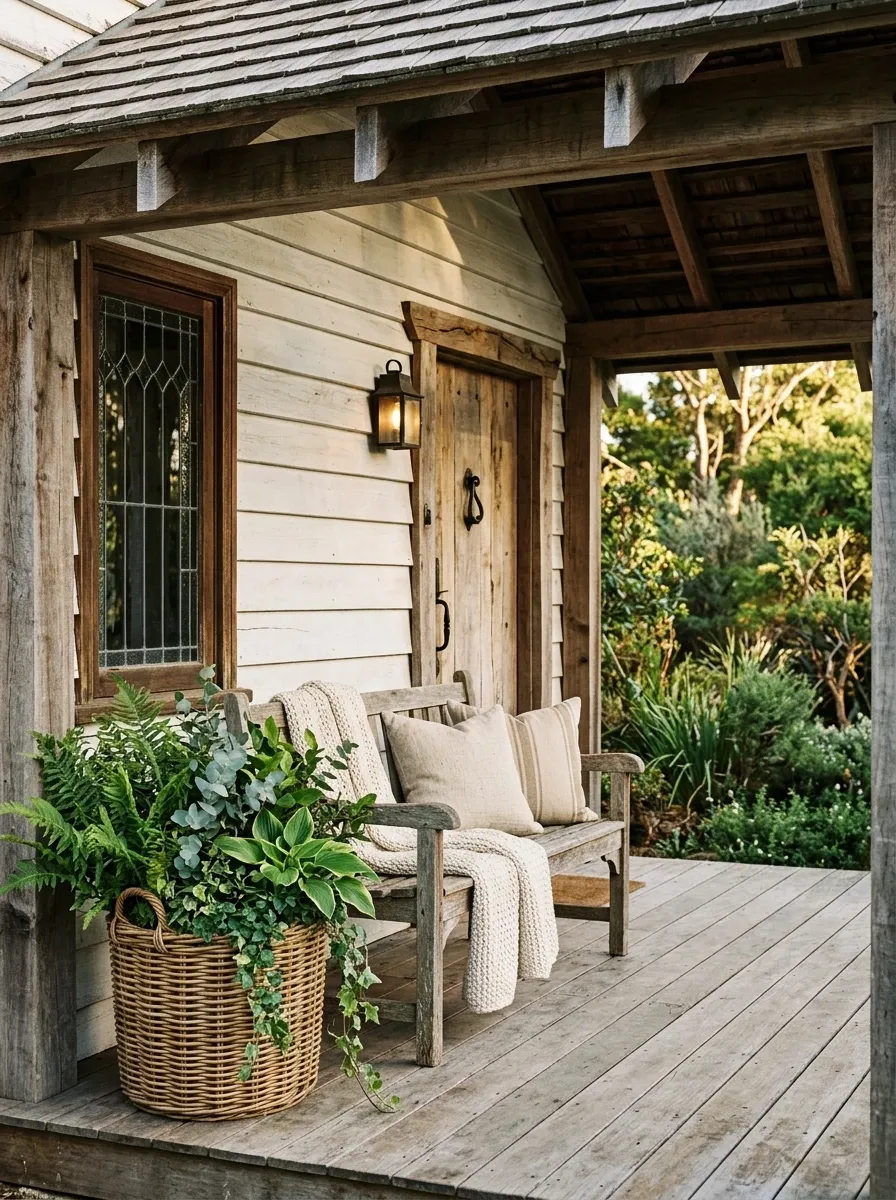 Rustic Wood Porch With Oversized Floor Baskets