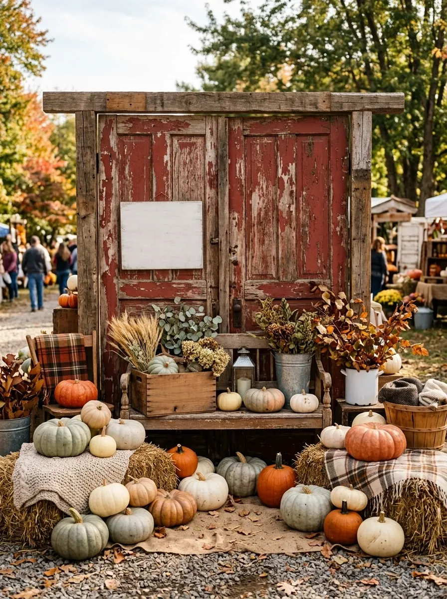 Rusty Barn Door Backdrop With Pumpkin Clusters